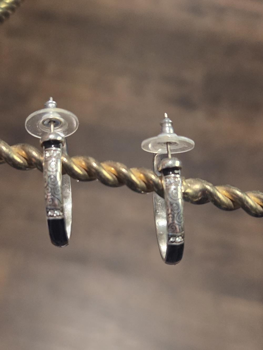 Brighton Silver and Black Enamel Hoop Earrings